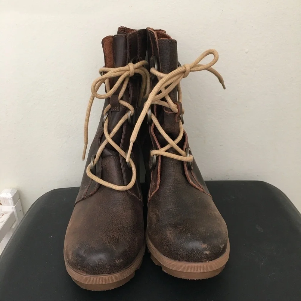 Sorel Joan of Arctic Burro (Brown) Leather Wedge Mid High Bootie Lace Up Boot - Picture 4 of 8